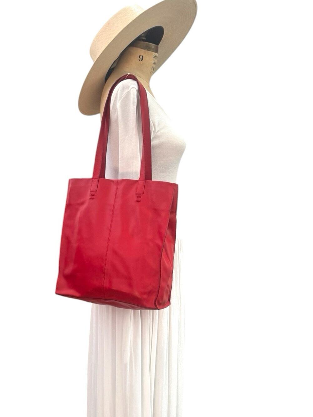 Benetton Leather Tote Red Shopping Bag Vtg 90s Soft